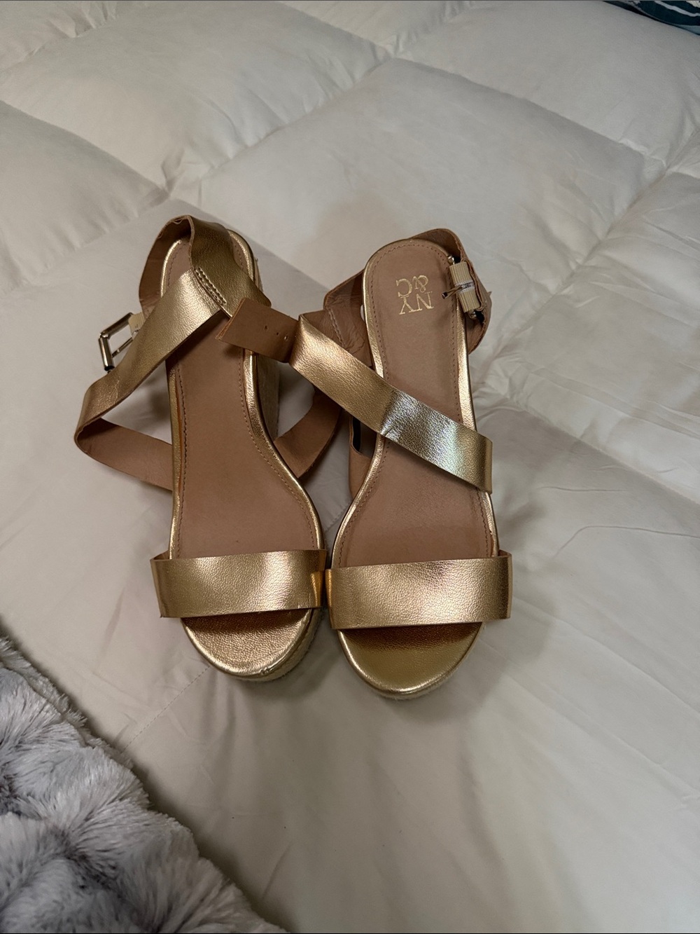 New York & Company Metallic Gold Crisscross Wedge Sandals